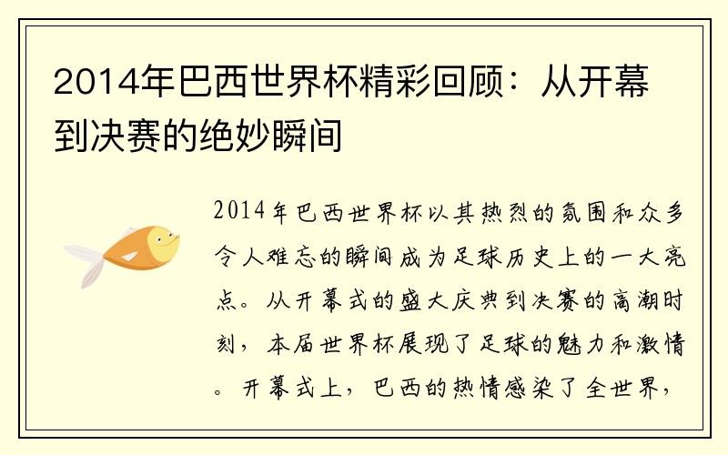 2014年巴西世界杯精彩回顾：从开幕到决赛的绝妙瞬间