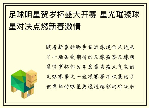 足球明星贺岁杯盛大开赛 星光璀璨球星对决点燃新春激情