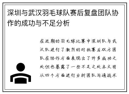深圳与武汉羽毛球队赛后复盘团队协作的成功与不足分析